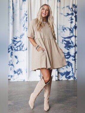 Three Bird Nest Gauze Babydoll Mini Dress Tan Beige Boho Raw Hem Pockets XL